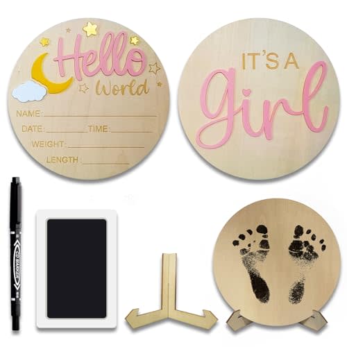 2Pcs Baby Announcement Sign Set, 5.9 Inch Hello World Newborn Sign and IT’S A Girl Welcome Signs, Baby Name Sign with Ink Pad for Hand & Footprints, 3D Wooden Birth Gifts for Hospital Shower Nursery