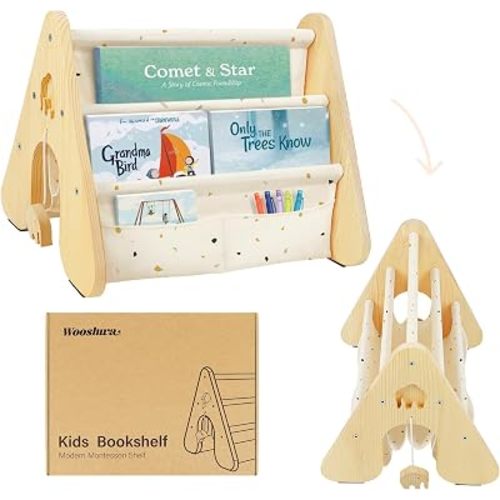 Wooden Kids Bookshelf with Double Side, Montessori Book Shelf for Toddlers,4 Tier Sling Book Rack for Baby Nursery Room, Playroom, Classroom Bedroom (Terrazzo)