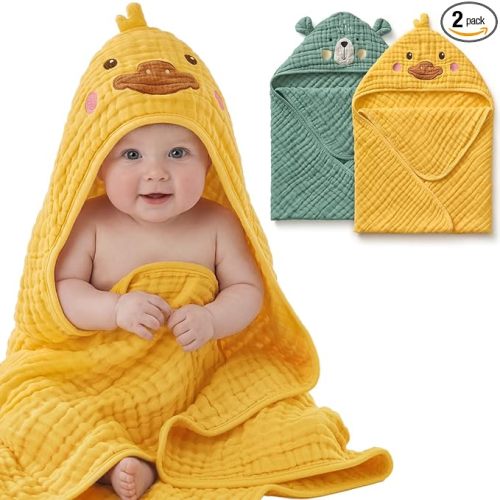 Blissful Diary Muslin Baby Hooded Towel 2 Pack, Soft & Absorbent Bath Towel for Infant, Toddler, Unisex, Baby Gift, Newborn Essentials, Smart Bear & Sunny Duck