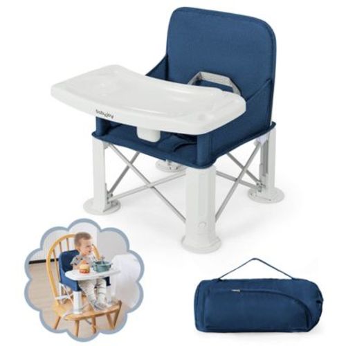 Babyjoy Baby Travel Booster Seat with Double Tray Portable Folding Toddler Dining Chair Gray/Blue