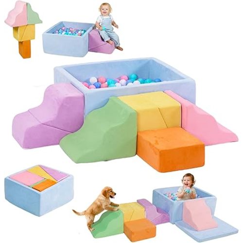 STAOLENE 7PCS Soft Foam Climbing Blocks for Toddlers | Indoor Foam Play Set with Ball Pit (No Balls), Macaron Climbing Toys for Toddler, Crawl and Slide Sensory Activity Gym