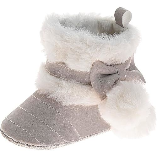 Josmo Infant Girls Booties Faux Fur Baby Shoes with Bow and Pom Poms, Soft and Warm Crib Boots for Newborns (Size 2-4 Infant)