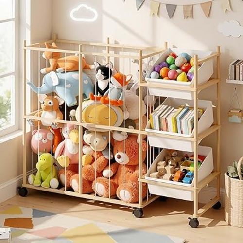Toy Storage Organizer with 3 Removable Bins, Kids Storage Toy Shelf Organizer for Stuffed Animal Holder for Bedroom Playroom Nursery | Wood & White
