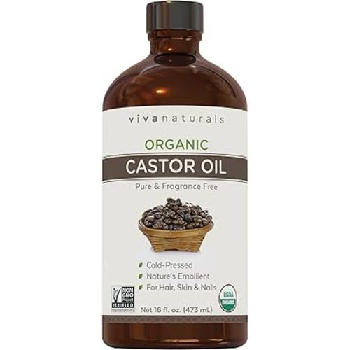 Viva Naturals Organic Castor Oil, Cold-Pressed, 16 fl oz – For Face, Hair, Eyelashes, USDA Organic, Non-GMO - Glass Bottle