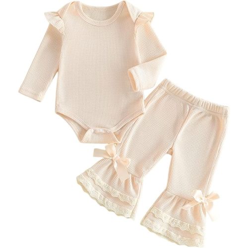 Baby Girl Fall Clothes Waffle Long Sleeve Romper and Ruffle Lace Hem Flare Pants 2 Piece Bell Bottoms Outfit