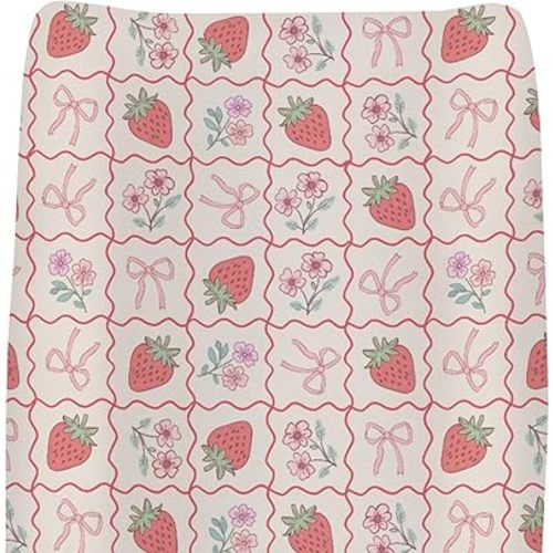 Boho Strawberry Flowers Baby Changing Pad Covers for Boys Girls Strawberries Pink Bows Checkerboard Fitted Change Table Pad Covers Mats Pastel Summer Fruit Soft Diaper Changing Table Sheets 32''×16''