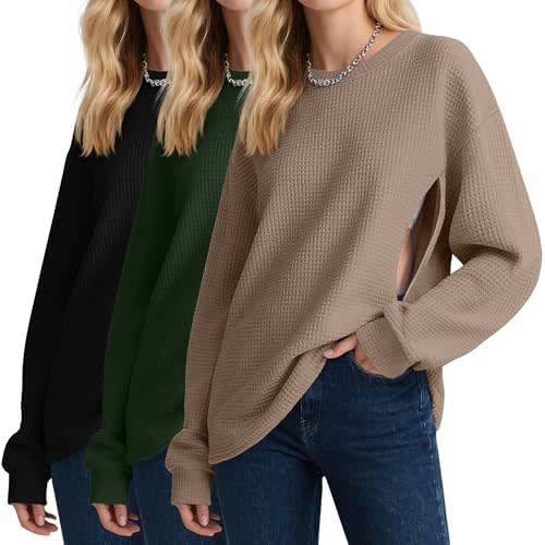 3 Pack Women's Oversized Nursing Tops, Waffle Knit Breastfeeding Zipper Sweatshirt Long Sleeve Maternity Shirts