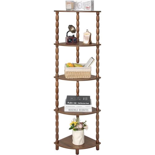 MaxSmeo Corner Shelf, 5-Tier Corner Bookshelf for Small Spaces, Vintage Corner Storage Display Shelves for Bedroom, Bathroom, Kitchen, Living Room (Walnut Brown)