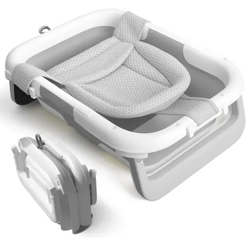 Collapsible Baby Bathtub with Newborn Sling, Baby Bath Tub with Quick Drainage Design, Infant Bathtub for Newborns to Toddlers (0-24 Months) (Grey)