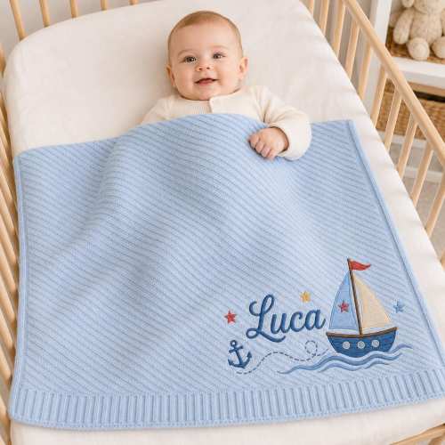 Personalized Nautical Baby Blanket, Custom Embroidered Name, Sailboat Anchor Stars, Navy Cream Keepsake, Newborn Gift, Nursery Decor