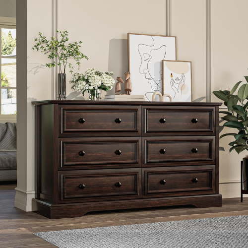Winkalon Farmhouse 6 Drawer Dresser for Bedroom, 53.9 Inch Wide Modern Wood Chest of Drawers for Bedroom, Living Room, Cherry