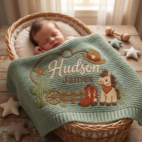 Personalized Cowboy Horse Baby Blanket Name, Custom Embroidered Cowboy Hat Boot Baby Shower Gift, Welcome Baby Blanket, Keepsake Newborn