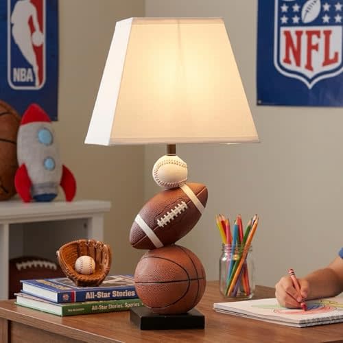 HERBESTBAY Kids Sports Table Lamp, Football Basketball Baseball Stacked Lamp for Boys Room, 18" Bedside Lamp with Fabric Shade, LED Bulb Included, Sports Bedroom Decor
