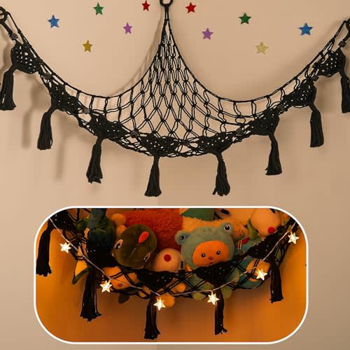 iHansee Stuffed Animal Storage Hammock, 56'' Jumbo Boho Macrame Tassels Corner Toy Holder Wall Hanging Net Organizer for Nursery Teddy Plushie, Black Plush Toy Net with Star Light for Boys Girls Gift