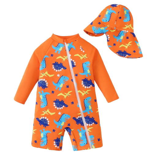 KIMI BEAR Newborn baby Boys One-piece Swimsuit 6-12 Months Swimwear Full Zipper Sun Protection Dinosaur Print One Piece Bathing Suit Rash Guard and Hat Beachwear Sunsuit Orange