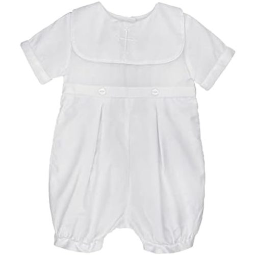 Petit Ami Baby Boys' Hand-Embroidered Cross Christening Romper, White