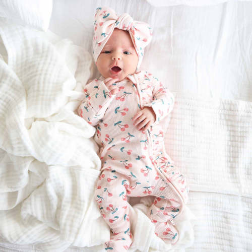 Cherry On Top Bamboo Waffle Ruffle Zipper Footie