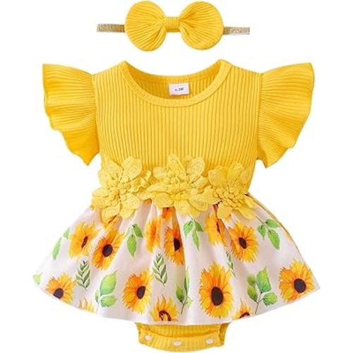 Baby Girl Clothes Summer Outfit Romper Skirt Ruffle Sleeve Cute Bow Headband Infant Bodysuit Set 0-18 Months