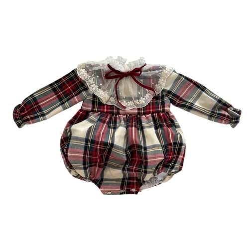 Lorenza Tartan Lace Neckline Long Sleeves Bow Romper (9 Months)