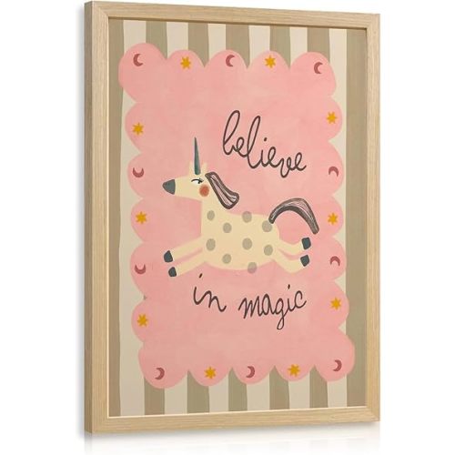 LERVR Wood Framed Unicorn Nursery Wall Art, Cute Pink Kids Room Decor, Believe in Magic Unicorn Canvas Print, Whimsical Animal Baby Girl Nursery Artwork for Bedroom Playroom 12x16 Inch