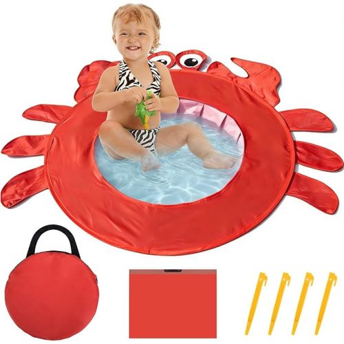 RunNico Pop Up Beach Pool, Portable Toddler Beach Pit with Water Bag and Storage Bag, Cute Shape Beach Pool Puddle for Outdoor Summer Beach Camping Traveling Vacation (Crab)