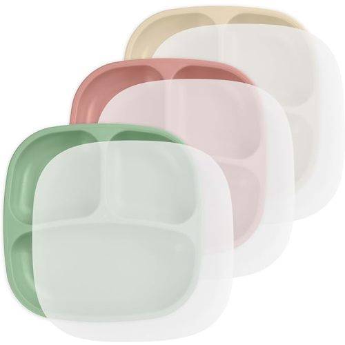 Re-Play Toddler Plates with Dividers - Deep-Walled 3 Compartments Divided Plates for Kids with 3 Lids - Dishwasher & Microwave Safe - Made in USA - Set of 3-7.37" x 7.37" x 1.25" - Desert Sands