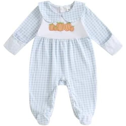 woshilaocai Baby Fall Outfit Boy Girl Plaid Embroidered Collar Romper Footie Infant Halloween Clothes