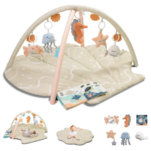 Baby Play Mat, Oversize Shell Tummy Time Mat with 6 Detachable Baby Activity Toys, Baby Gyms & Playmats for Babies 0-6 Months, Baby Mat for Floor Newborn Baby Shower Gifts (Beige)