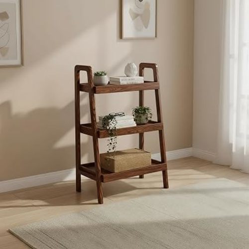 100% Solid Oak 3 Tier Ladder Shelf, Small Ladder Bookshelf, Ladder Bookshelf, 3 Tier Shelf with Stable Frame, Small Table for Living Room Bedroom(Walnut, 13.4" L x 25.6" W x 36.2" H)