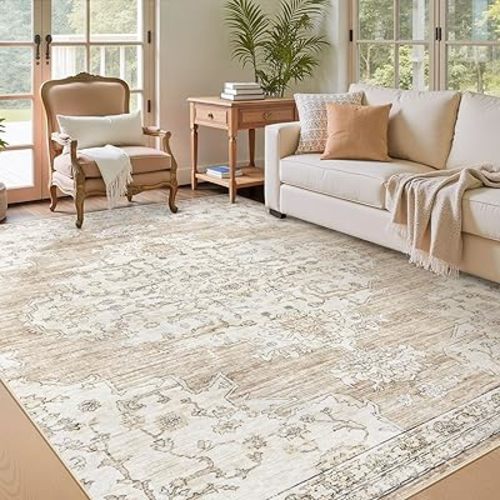 6x9 Area Rugs Washable Rug: Large Vintage Living Room Rug with Non-Slip Backing Low Pile Rugs Soft Indoor Floor Thin Carpet Non Shedding Neutral Carpets for Bedroom Dining Room Farmhouse Nursery Beige