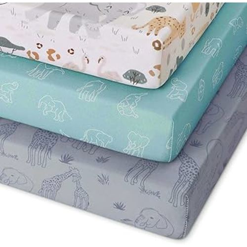 Pack and Play Sheets Fitted 3 Pack, Mini Crib Sheets for Pack N Play Mattress Stretchy Portable Playard Sheets, Soft Breathable Elephant