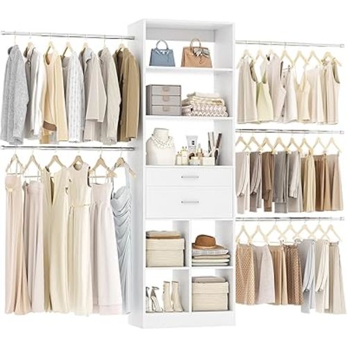 Closet System, 4-8 FT Closet Organizer Tower with 2 Wooden Drawers and 5 Hanging Rods, Can Fit 60 to 96 inch Walk-in Closet System, White