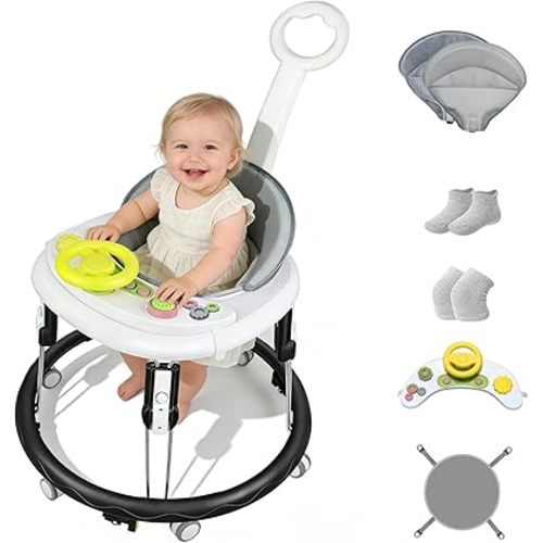 Foldable Baby Walker for Boys and Girls, 5-in-1 Baby Walker with Wheels, Adjustable Height Toddler Activity Walker with Music Tray, Detachable Seat and Mute Anti-Rollover Baby Walkers for 8-24 Months