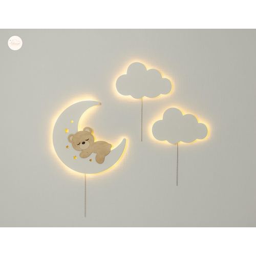 Nursery Night Light Moon Bear, Cloud Wall Light, Kids Room LED Lamp, Baby Room Decor, Wooden Wall Lamp, Cute Night Light, Moon Cloud Light