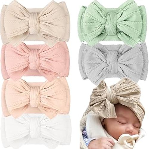 CÉLLOT 6 Pcs Baby Bows Headbands Nylon Hairbands Baby Girl Bows Hair Accessories for Newborn Infant Toddler Essentials (Nature Color Series)