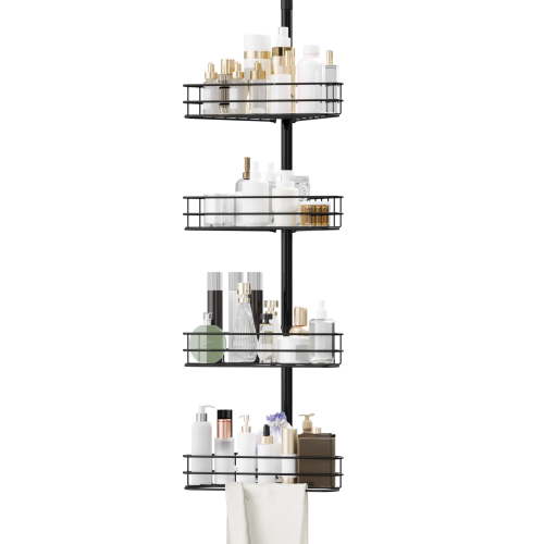 4-Tier Adjustable Tension Pole Corner Shower Shelve – Rust-Resistant Bathroom Organizer Shelf with Baskets & Towel Bars, Perfect for Kitchens, Bathrooms, and Bedrooms, Black
