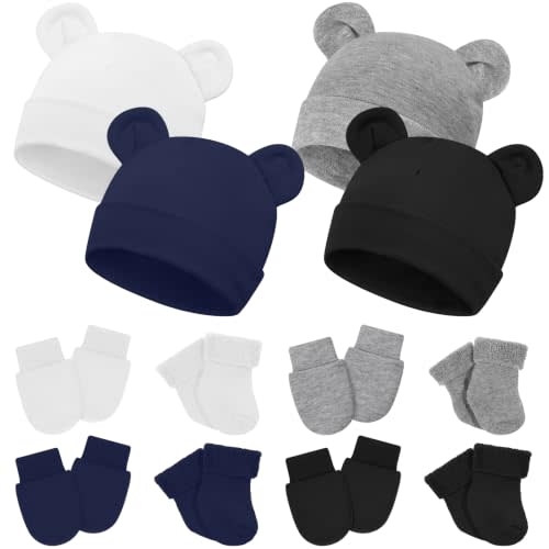 Cuffbow 4 Pcs Preemie Baby Hats Mittens and Socks Set | Soft Cotton Bear Ear Hats, Scratch-free Mittens, Hospital Nicu Accessories Warm Terry Socks for Newborn Boys Girls Infants