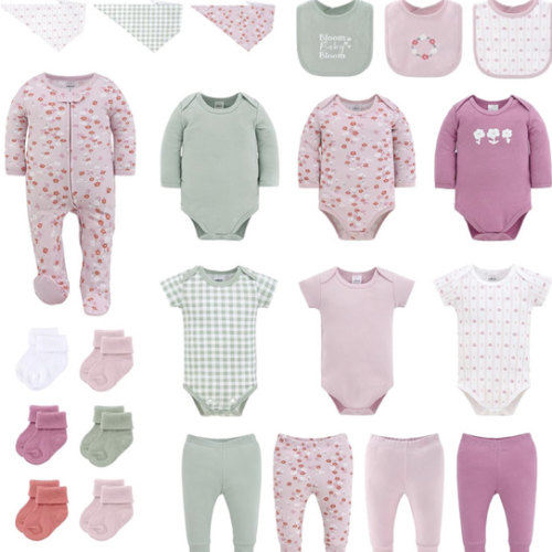 The Peanutshell 23-Piece Baby Girl Clothes Set, 100% Cotton, Newborn Essentials Must Haves, Flora Pink & Green