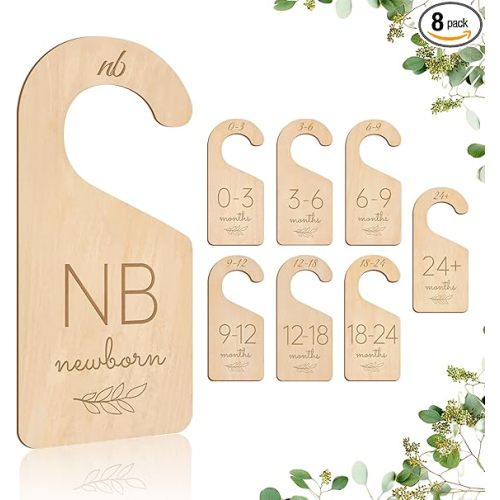 Wooden Baby Closet Dividers - 8 Pcs Double-Sided Design for Newborn Nursery Room Wardrobe Storage by Months Size - Perfect Toddler Clothes Organizer (Olive-1)