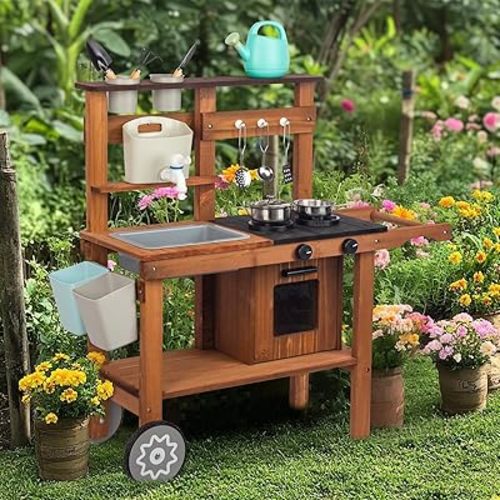 Outdoor Kitchen for Kids,Mud Kitchen Wooden Toy Playset with Wheels, Kettle, Sink, Wooden Plant Container and Kitchen Accessories, for Children Ages 3+ Years