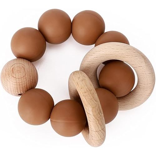 Socub Baby Teething Toy, Organic Baby Teething Ring, Silicone & Beech Baby Rattle Teether for Baby 3+ Months, BPA Free, Clay