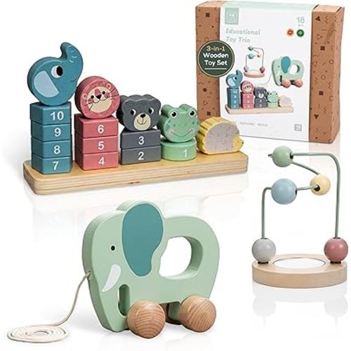 ELLIANI Montessori Toys for 1 Year Old - 3-in-1 Wooden Toy Set with Stacking Toy, Pull Toy, Bead Maze, Educational Gift for Toddlers Age 1-3