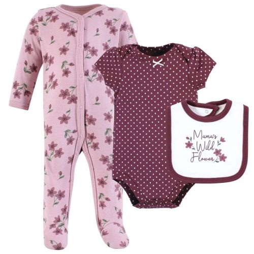 Hudson Baby Infant Girl Cotton Sleep and Play, Bodysuit and Bandana Bib Set, Plum Wildflower