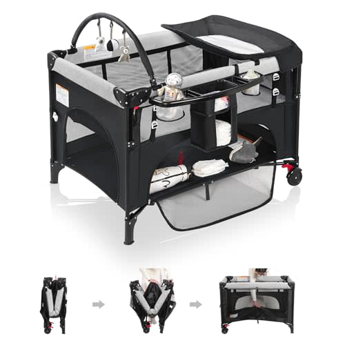 [New 2025]Pack and Play,4 in 1 Magic Fold Baby Playard,Bedside Crib Sleeper,Travel Crib 1 Step to Set Portable Crib with Carry Bag, Mattress, Mosquito Net,Bottom Storage Foldable Portable Crib (Black)