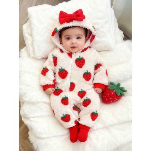 SHEIN Baby Girls' Strawberry Pattern Fleece Hooded Zipper Jumpsuit With Red Bow Decor, Long Sleeve, Convenient Wear, Sweet & Cute, Suitable For Autumn/Winter | SHEIN USA
