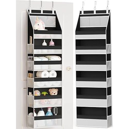Criusia Over the Door Organizer, Heavy-Duty 6-Shelf Hanging Storage with 13 Mesh Pockets, 55lbs Capacity Behind the Door Storage for Nursery, Bathroom, Bedroom, and Dorm, Black