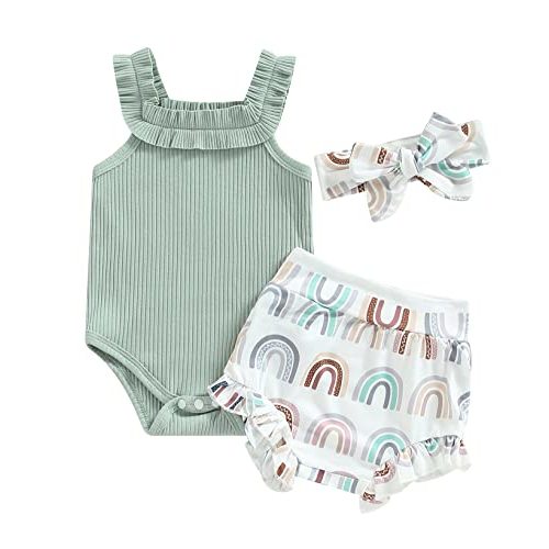 3pcs Toddler Girls Summer Outfits Ribbed Halter Crop Top Romper Bodysuit +Floral Bloomer Shorts+Headband Clothes Set