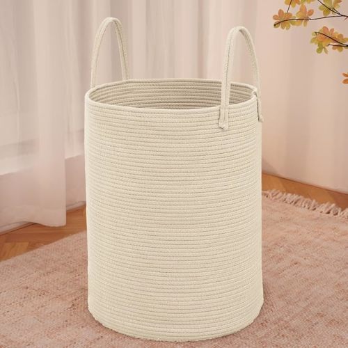 Large Woven Laundry Basket Hamper,60L Cotton Rope Storage Bin for Blankets,Toys and Clothes,Decorative Tall Nursery Hamper for Living Room,Baby Nursery,Bathroom and Bedroom,Beige