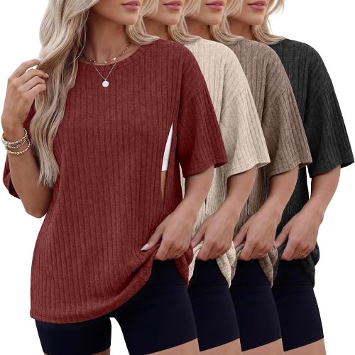 Huukeay 4 Pack Women's Nursing Shirts for Breastfeeding Oversized Short Sleeve with Hidden Zipper Maternity Ribbed Sweaters