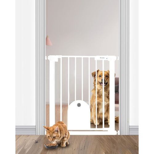Baby Gate with Cat Door, Auto Close & Easy Walk Thru Dog Pet Gates for Stairs, Doorway, House, Pressure Mounted Safety Child Gate Includes 4 Wall Cups, NO Extensions, White